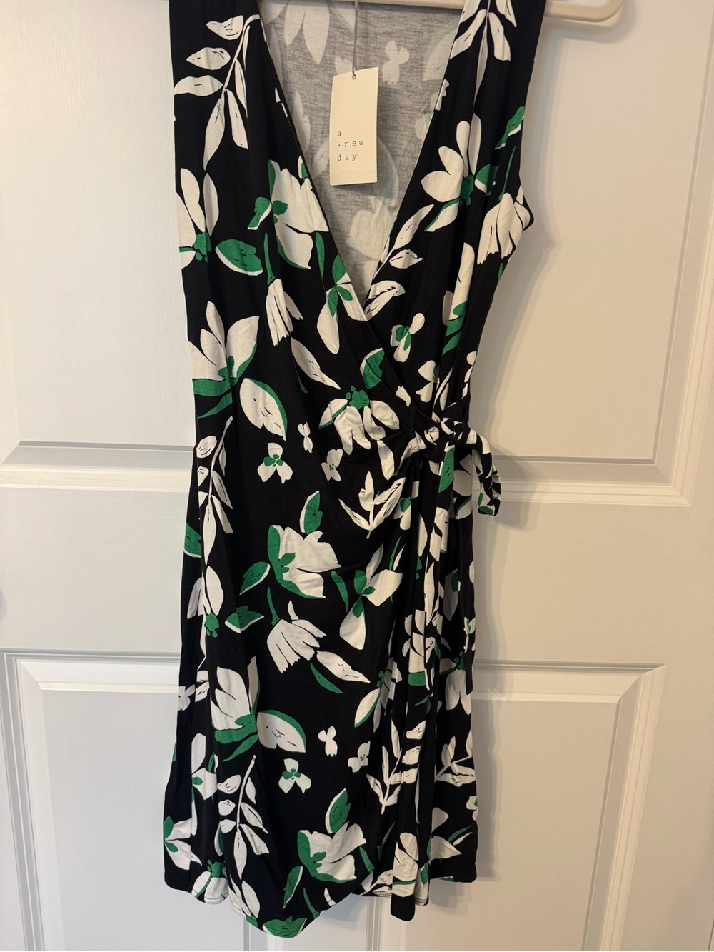 Target Black Floral Wrap Dress with White and Green Print